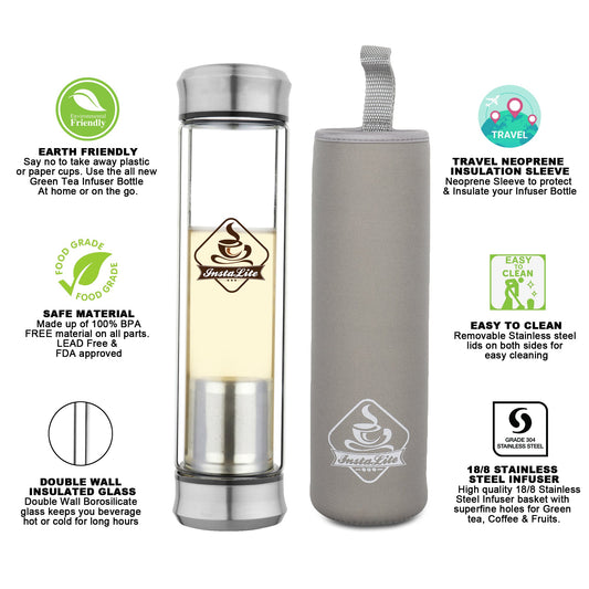 InstaLite Tea Infuser Bottle - BPA Free Double Wall Glass Detox Bottle with Stainless Steel Filter - Leakproof Tea Tumbler with Strainer for Loose Leaf Green Tea and Fruit & Detox Water
