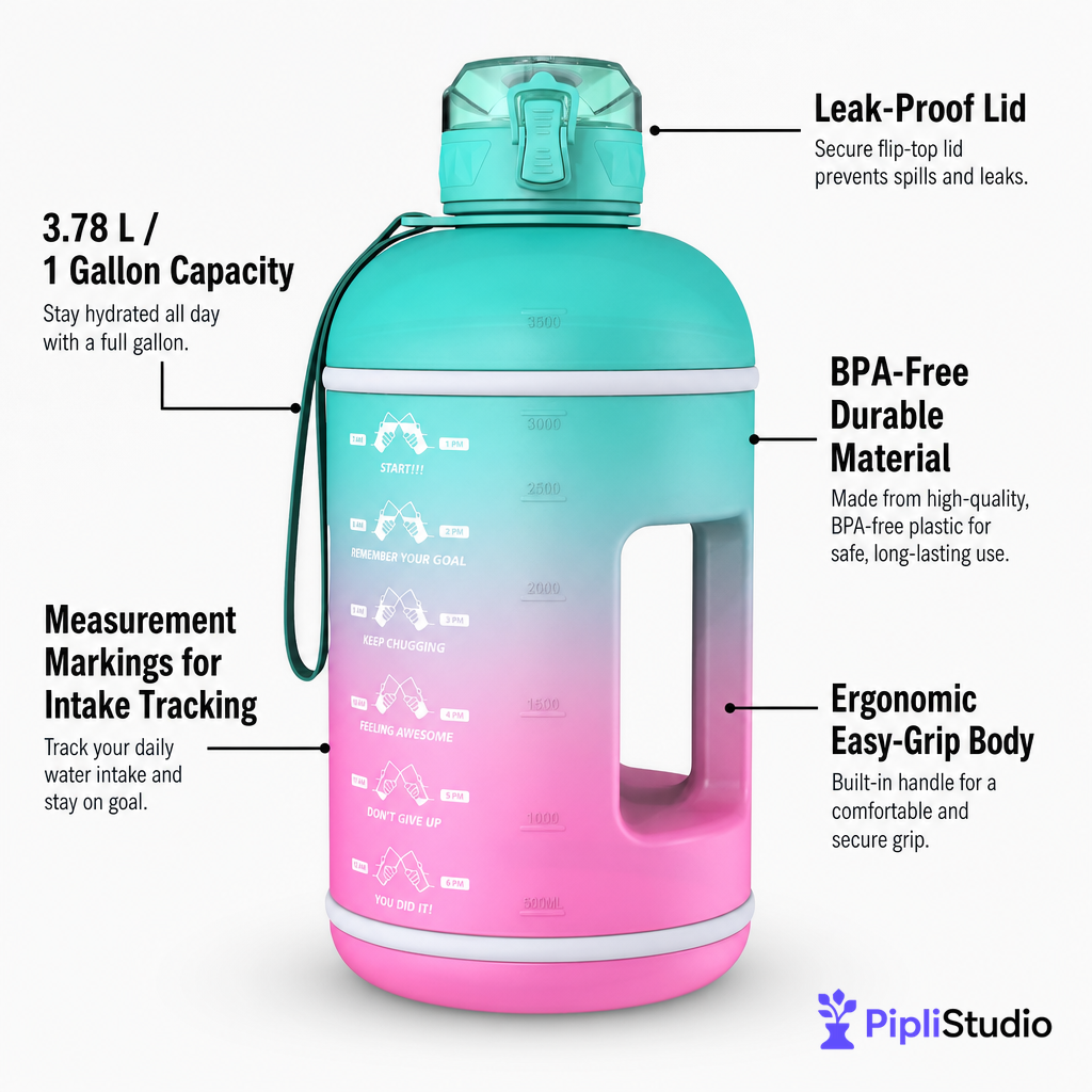 Instalite Gallon Capacity Gym Water Bottle with Measurement Markings & Leak-Proof Lid - Perfect for Fitness, Workouts, and Outdoors (3.78 Litre, Multi Color)