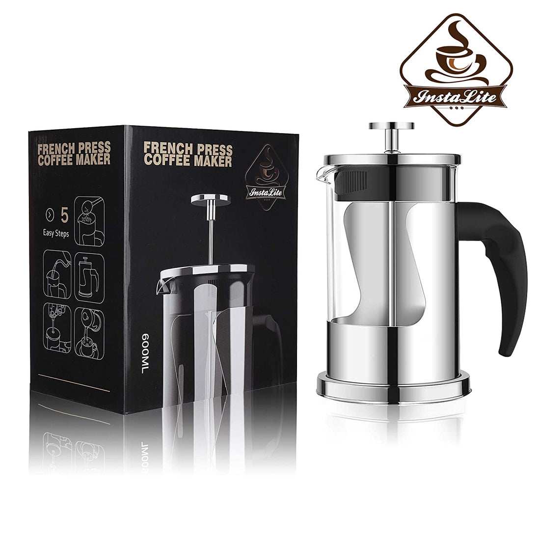 Instalite French Press Coffee Maker (600 ml) with 4 Level Filtration System - 304 Grade Stainless Steel - Heat Resistant Borosilicate Glass