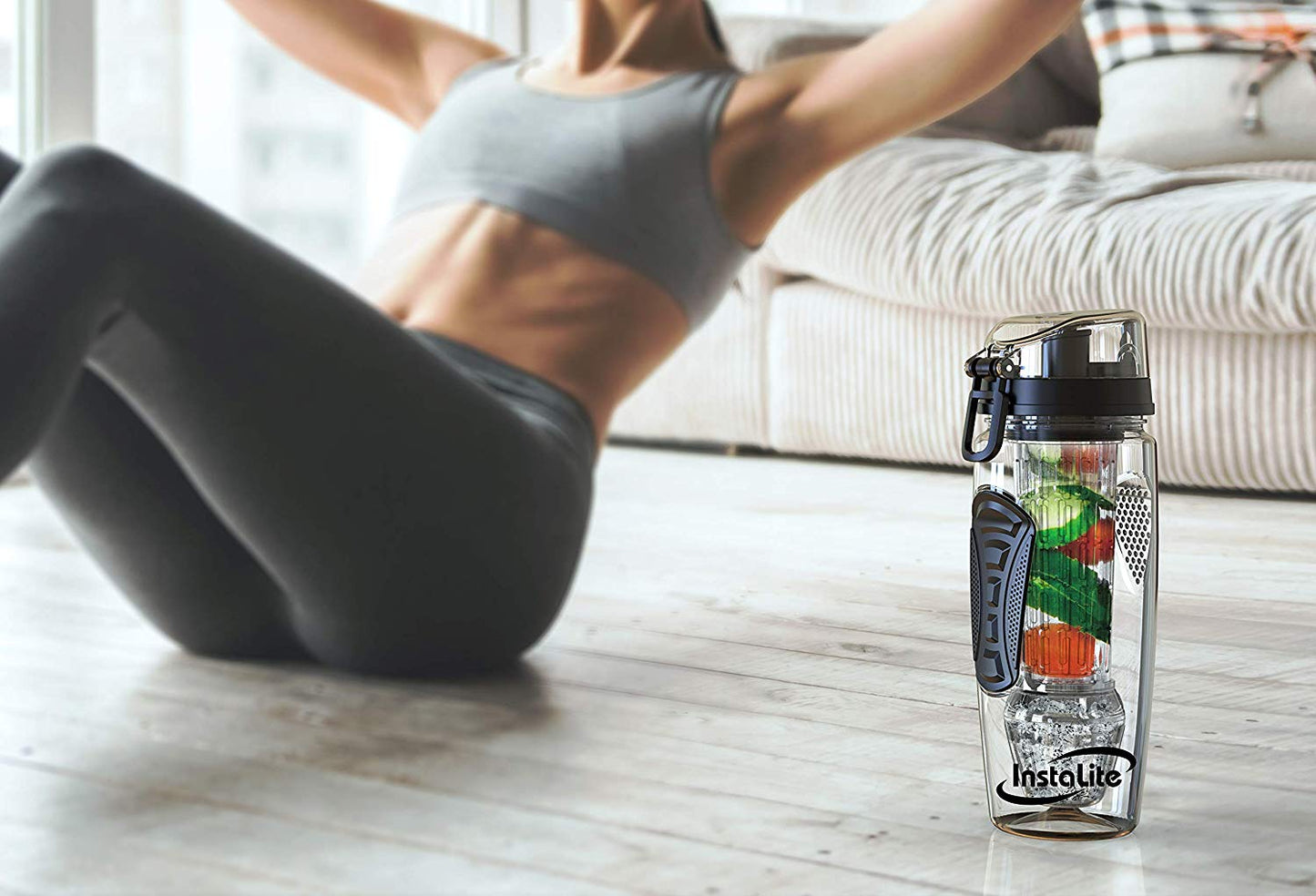 Instalite Fruit Infuser Detox Water Bottle - BPA Free Tritan Material with Hydra Gel Ball Infusion Rod & Freebies (Black)