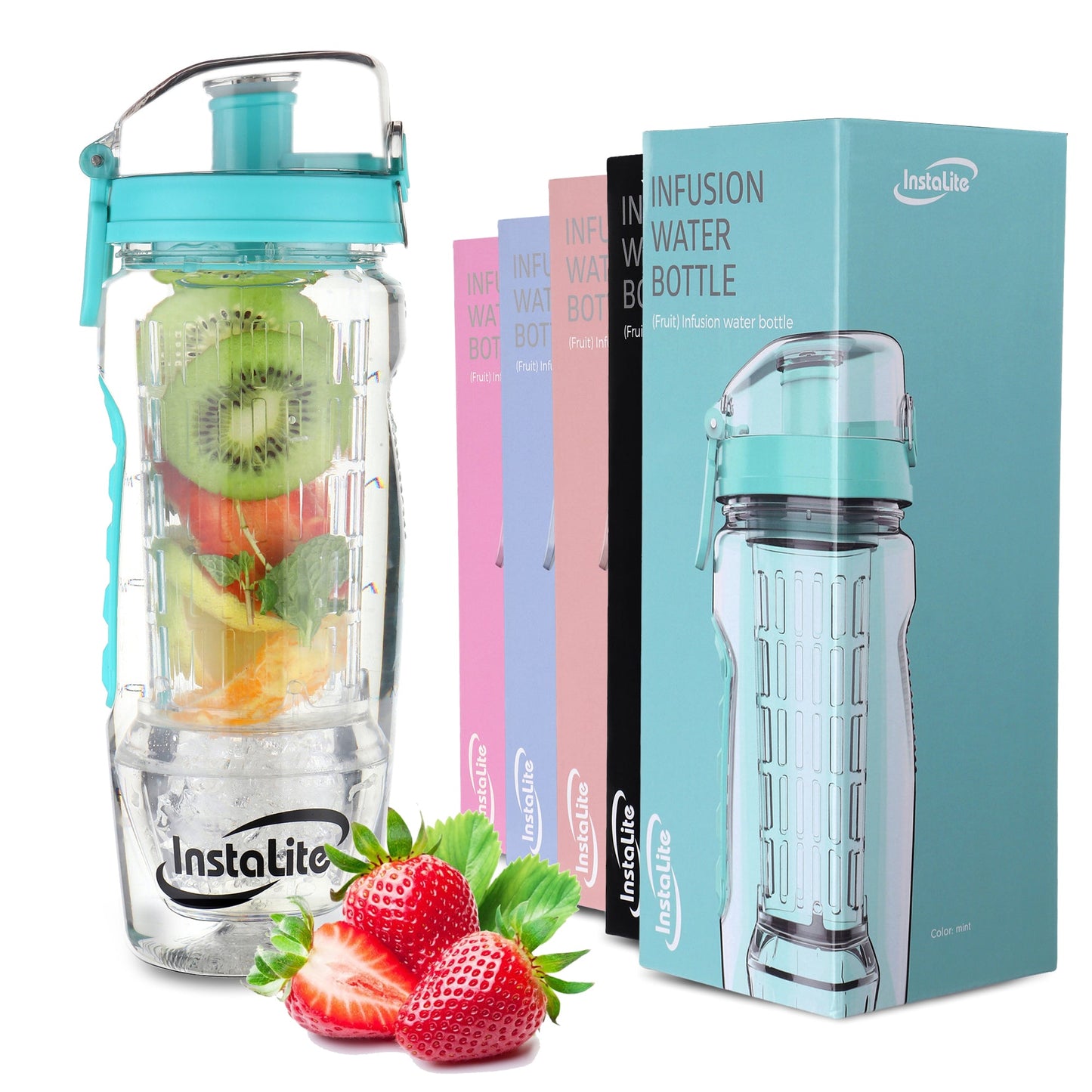 Instalite Fruit Infuser Water Bottle 1 Litre, BPA Free Tritan Material with Hydra Gel Ball Infusion Rod, Free Recipe eBook & Accessories (Mint)