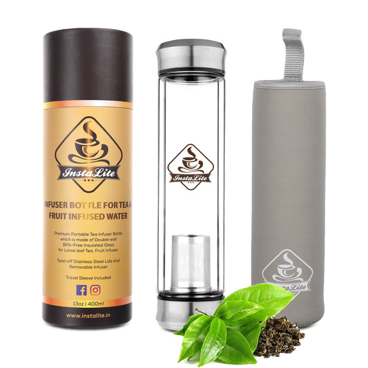 InstaLite Tea Infuser Bottle - BPA Free Double Wall Glass Detox Bottle with Stainless Steel Filter - Leakproof Tea Tumbler with Strainer for Loose Leaf Green Tea and Fruit & Detox Water