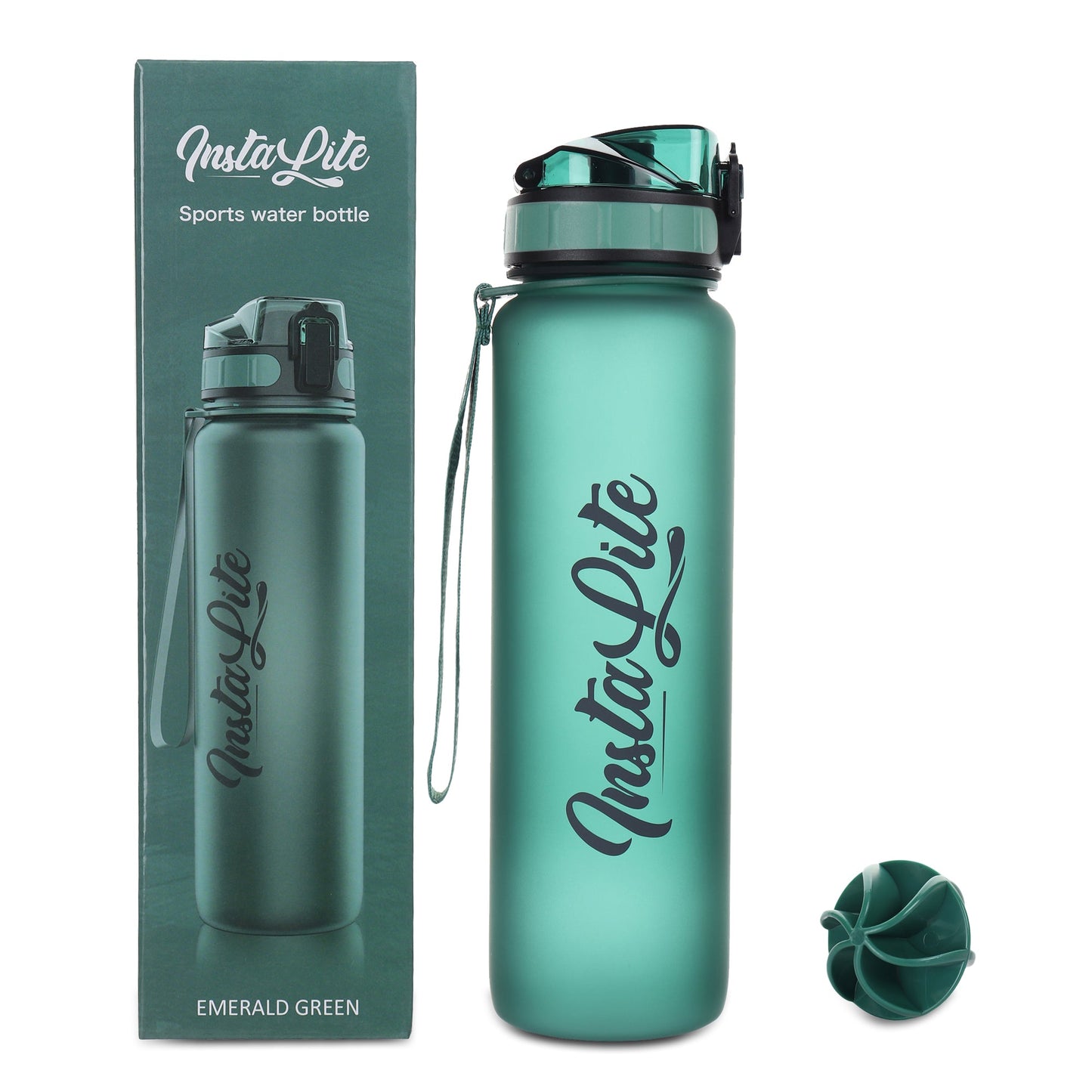InstaLite 1 Litre BPA Free Tritan Sports/Gym Water Bottle with Time Marker, Fruit Infuser Screen & Protein Shaker Blending Ball(Emerald Green, 1000 ML)