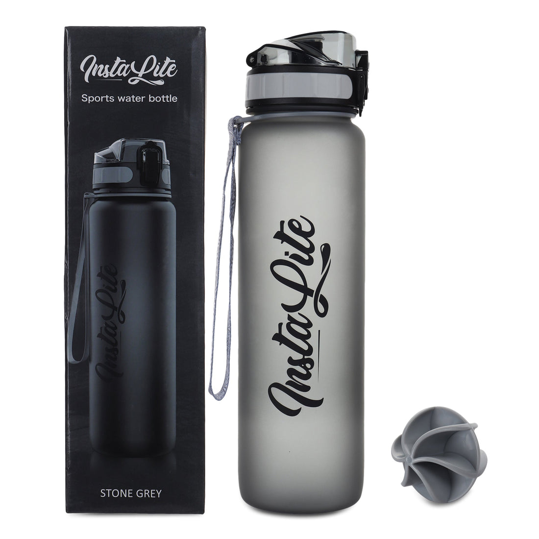 InstaLite 1 Litre BPA Free Tritan Sports/Gym Water Bottle with Time Marker, Fruit Infuser Screen & Protein Shaker Blending Ball (Stone Grey, 1000 ML)