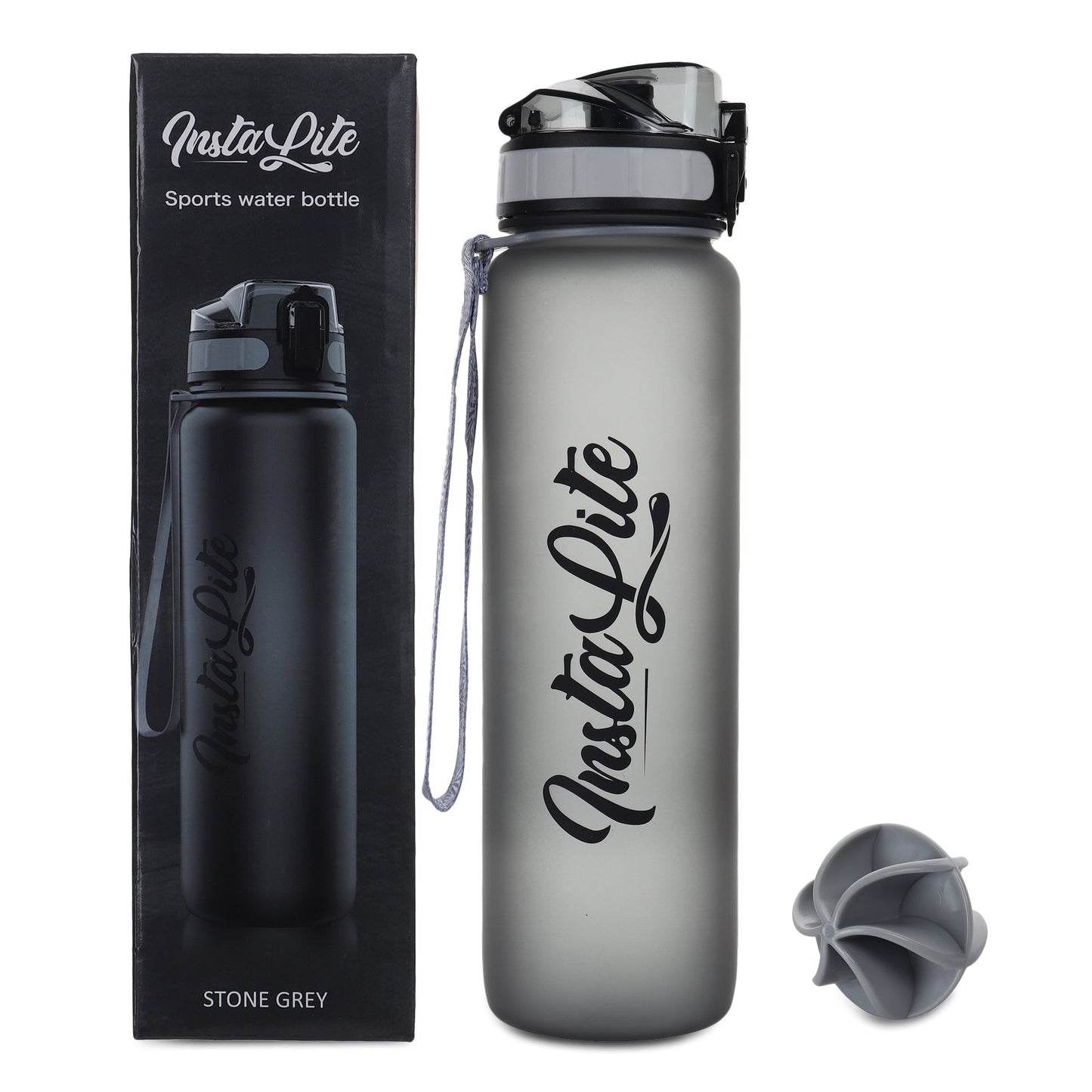 InstaLite 1 Litre BPA Free Tritan Sports/Gym Water Bottle with Time Marker, Fruit Infuser Screen & Protein Shaker Blending Ball (Stone Grey, 1000 ML)