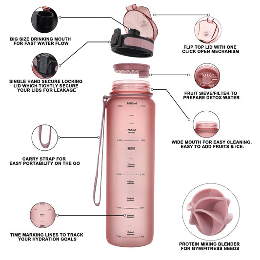 InstaLite 1 Litre BPA Free Tritan Sports/Gym Water Bottle with Time Marker, Fruit Infuser Screen & Protein Shaker Blending Ball (Rose Gold, 1000 ML)