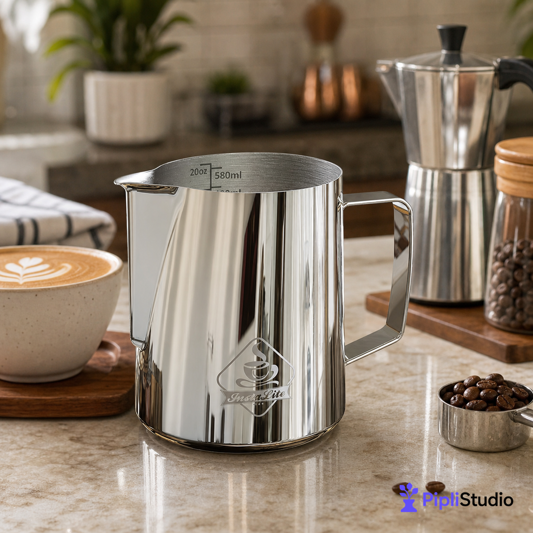 Steel Finish Frothing Jug with Easy Measure Marks