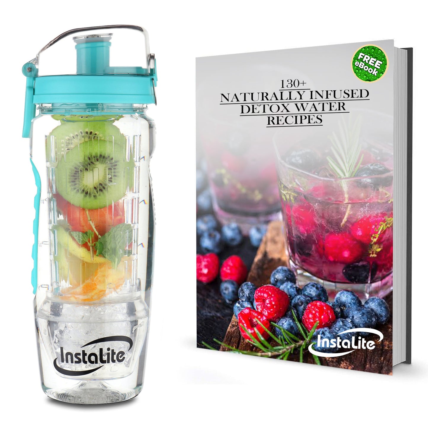 Instalite Fruit Infuser Water Bottle 1 Litre, BPA Free Tritan Material with Hydra Gel Ball Infusion Rod, Free Recipe eBook & Accessories (Mint)