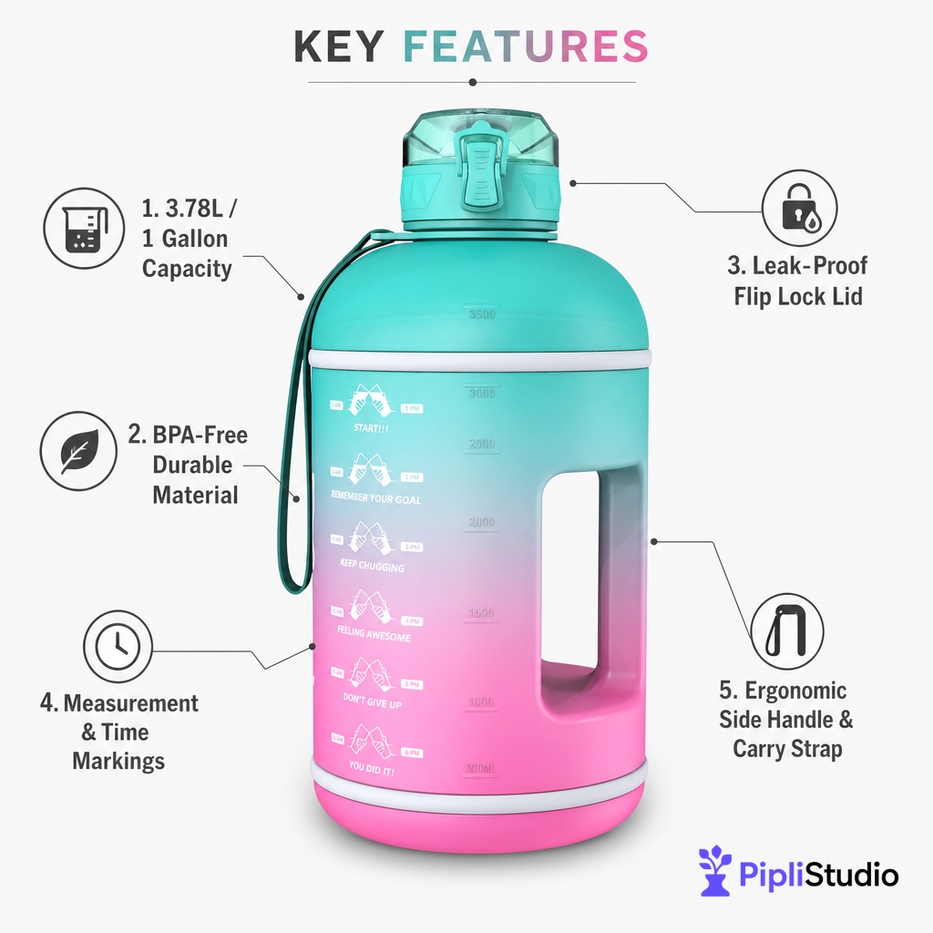 Instalite Gallon Capacity Gym Water Bottle with Measurement Markings &amp; Leak-Proof Lid - Perfect for Fitness, Workouts, and Outdoors (3.78 Litre, Multi Color)