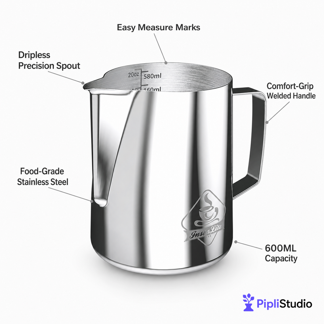 Steel Finish Frothing Jug with Easy Measure Marks