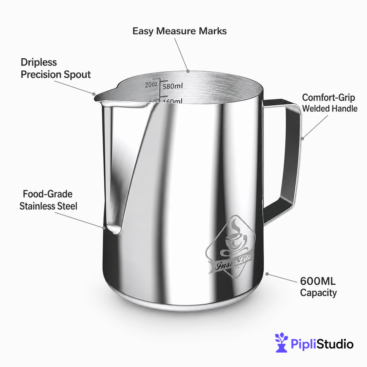 Steel Finish Frothing Jug with Easy Measure Marks