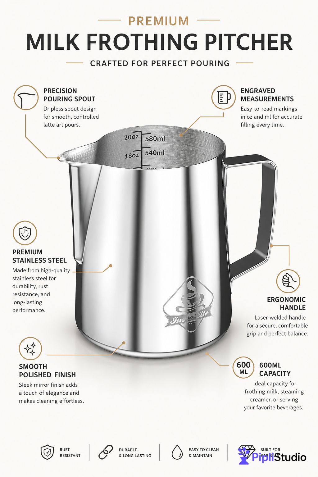 Steel Finish Frothing Jug with Easy Measure Marks