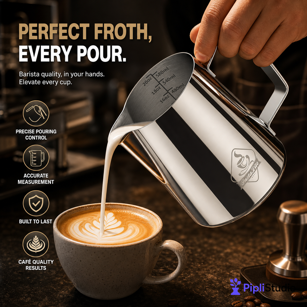Steel Finish Frothing Jug with Easy Measure Marks