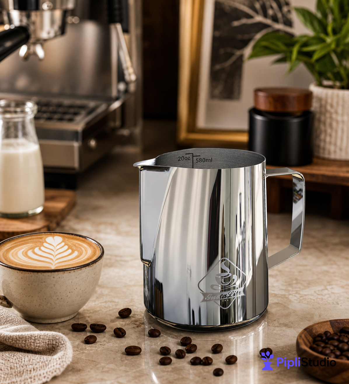 Steel Finish Frothing Jug with Easy Measure Marks