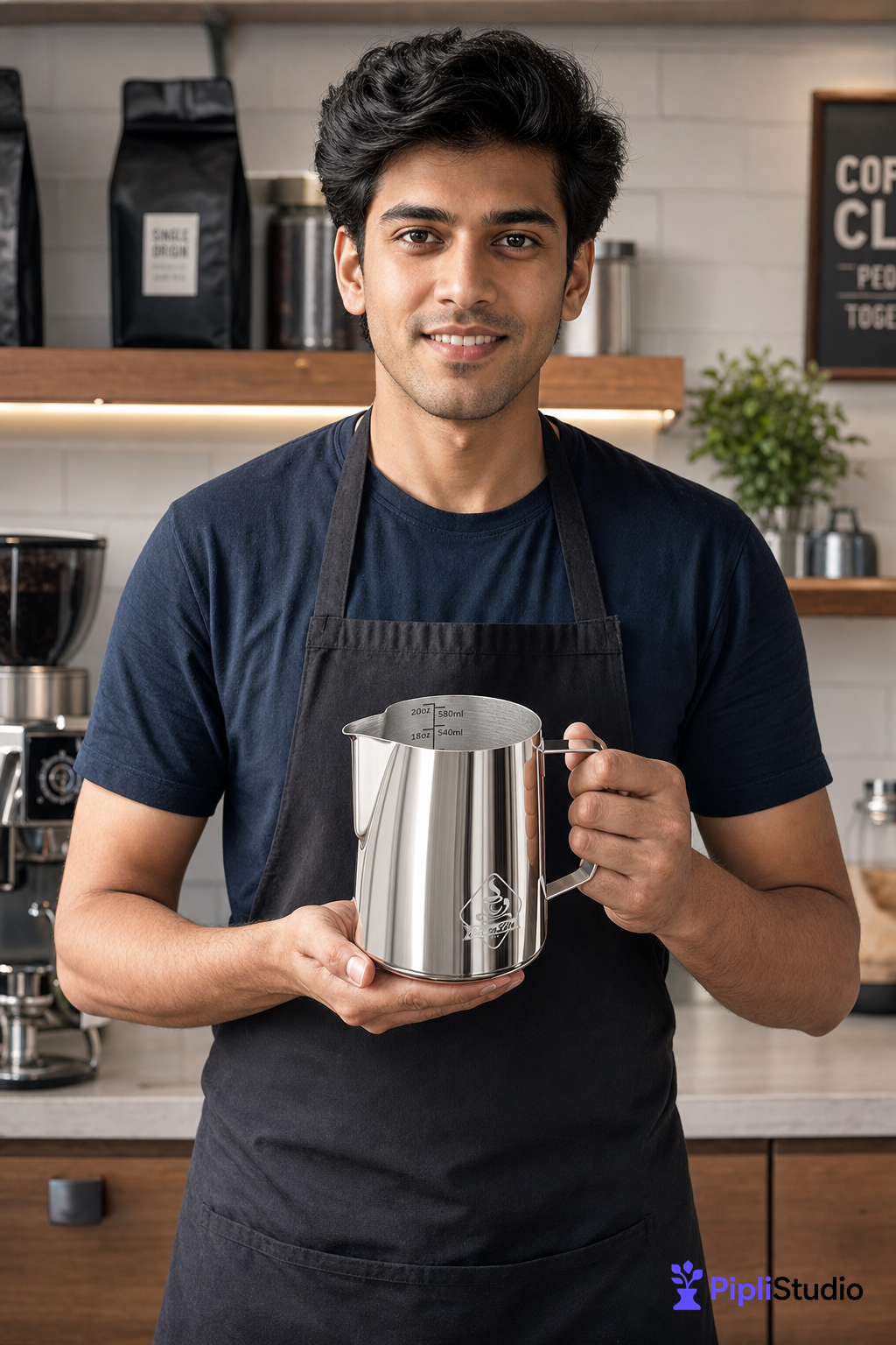 Steel Finish Frothing Jug with Easy Measure Marks