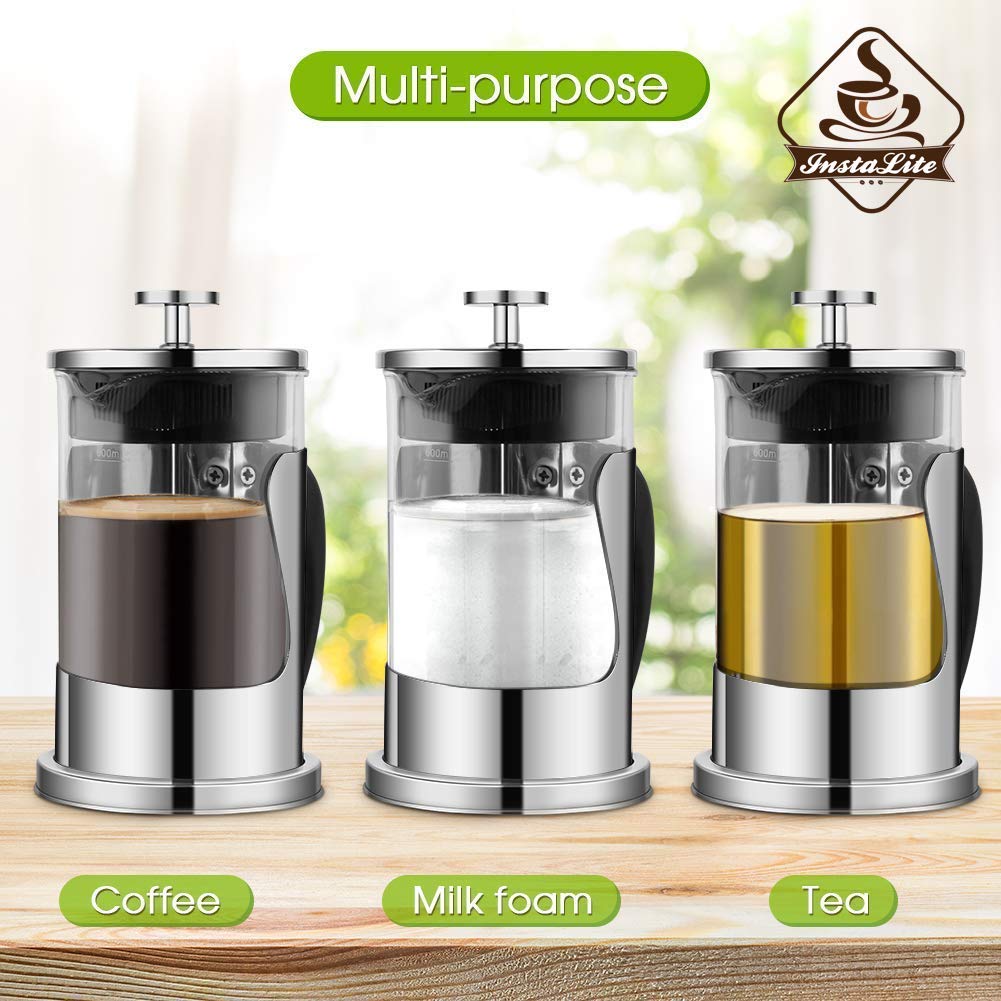 Instalite French Press Coffee Maker (600 ml) with 4 Level Filtration System - 304 Grade Stainless Steel - Heat Resistant Borosilicate Glass