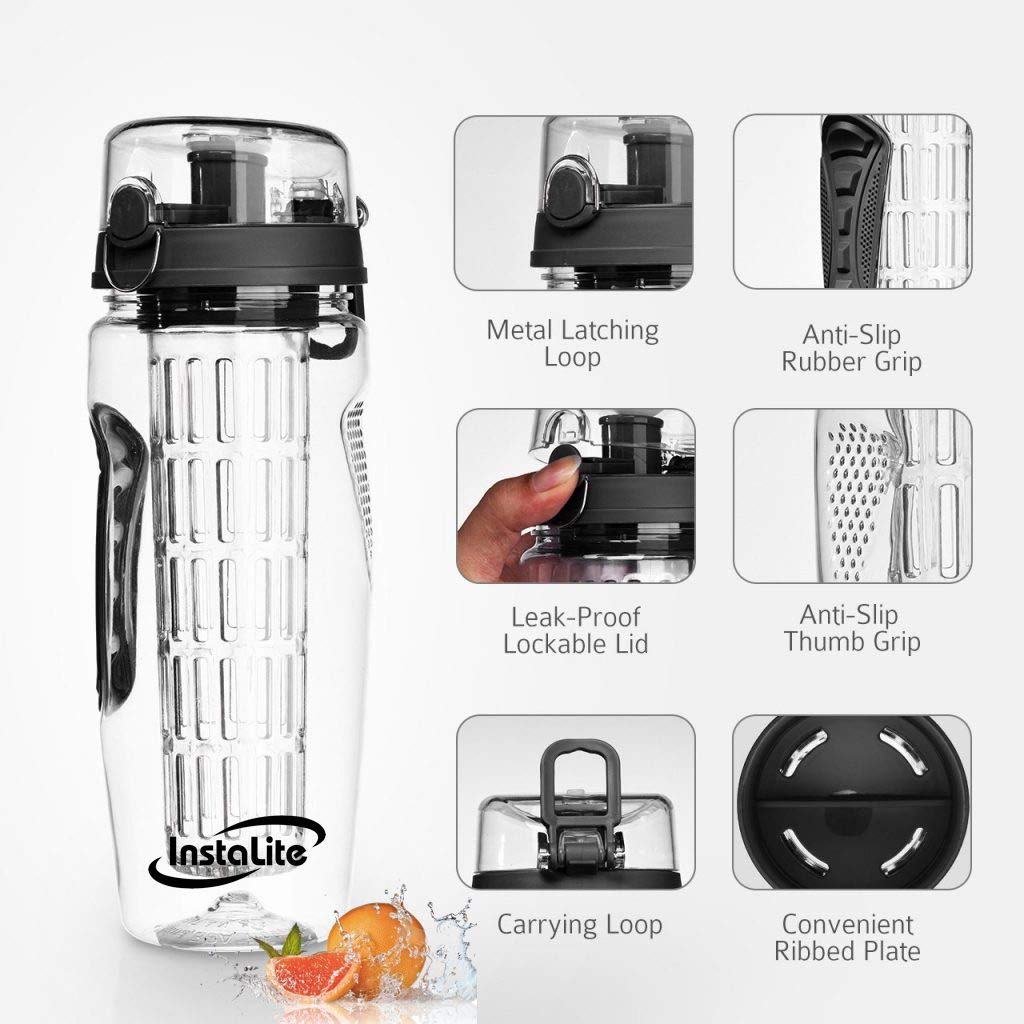 Instalite Fruit Infuser Detox Water Bottle with BPA Free Tritan Material & Freebies (Black)