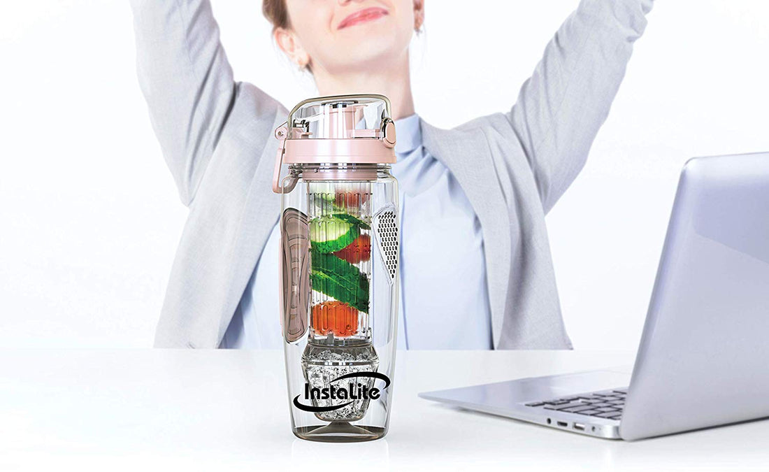 Instalite Fruit Infuser Detox Water Bottle -  BPA Free Tritan Material with Hydra Gel Ball Infusion Rod & Freebies (Rose Gold)