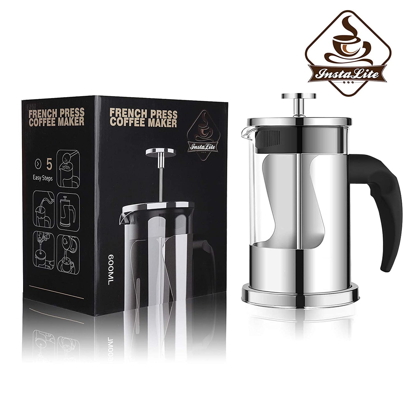 Instalite French Press Coffee Maker (600 ml) with 4 Level Filtration System - 304 Grade Stainless Steel - Heat Resistant Borosilicate Glass