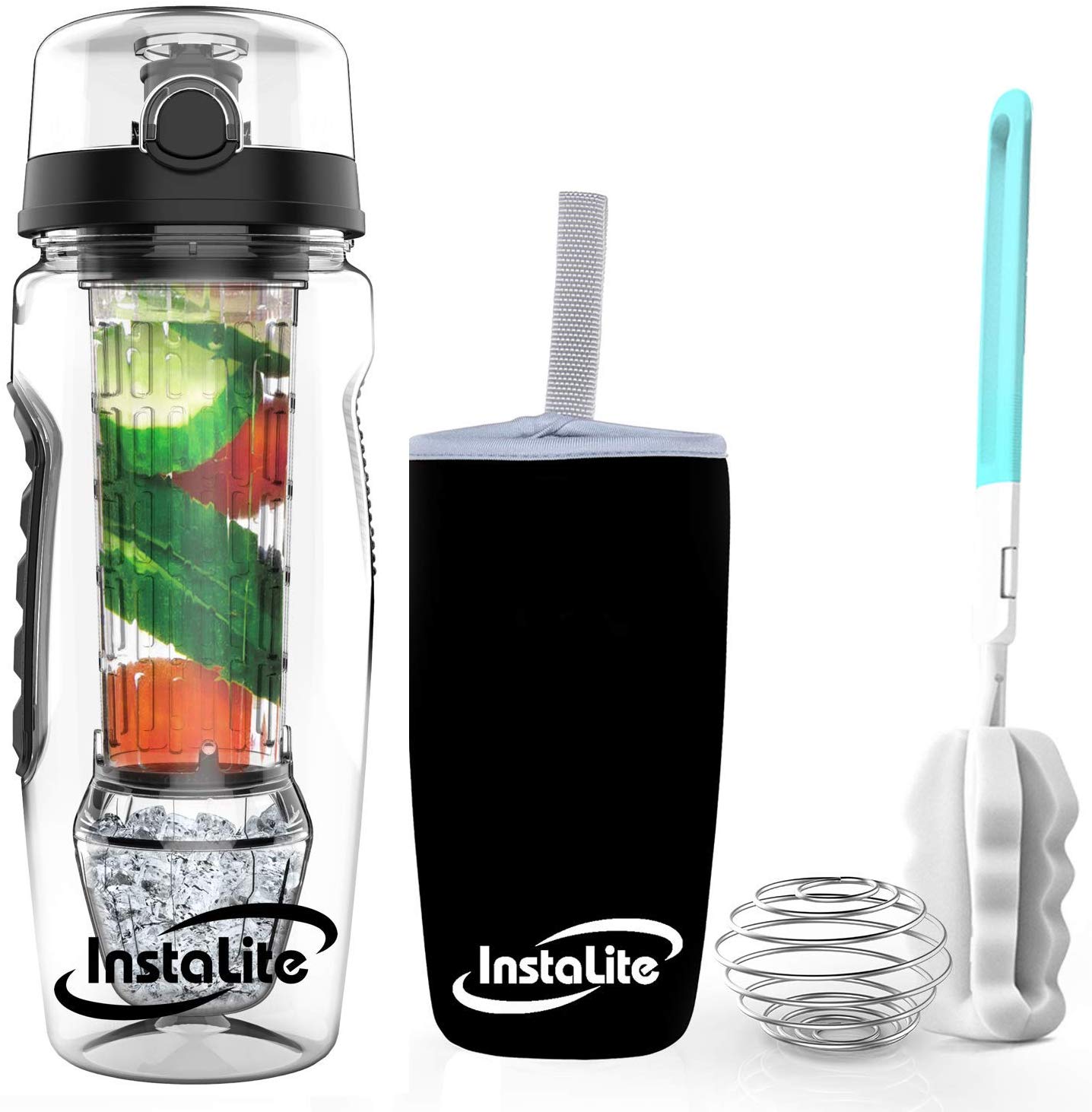 Instalite Fruit Infuser Detox Water Bottle - BPA Free Tritan Material with Hydra Gel Ball Infusion Rod & Freebies (Black)