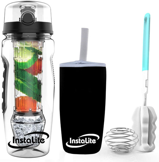 Instalite Fruit Infuser Detox Water Bottle - BPA Free Tritan Material with Hydra Gel Ball Infusion Rod & Freebies (Black)