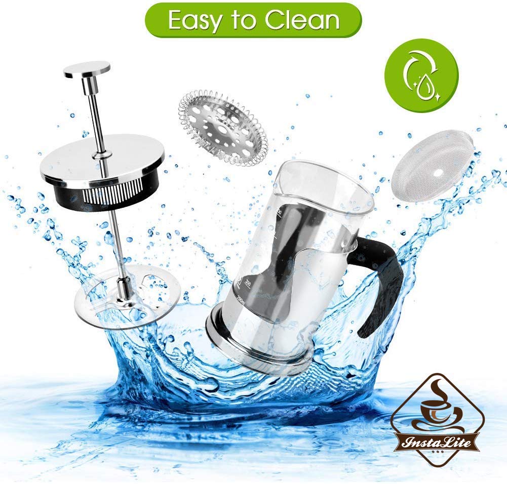 Instalite French Press Coffee Maker (600 ml) with 4 Level Filtration System - 304 Grade Stainless Steel - Heat Resistant Borosilicate Glass