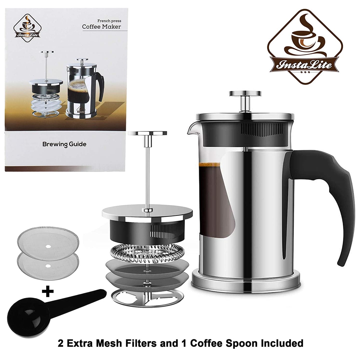 Instalite French Press Coffee Maker (600 ml) with 4 Level Filtration System - 304 Grade Stainless Steel - Heat Resistant Borosilicate Glass