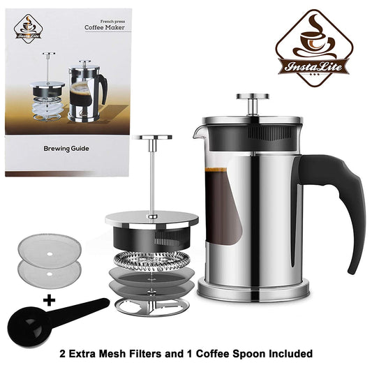 Instalite French Press Coffee Maker (600 ml) with 4 Level Filtration System - 304 Grade Stainless Steel - Heat Resistant Borosilicate Glass