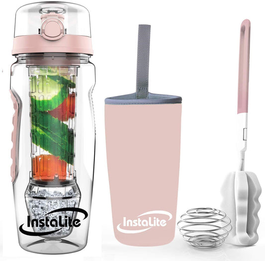 Instalite Fruit Infuser Detox Water Bottle -  BPA Free Tritan Material with Hydra Gel Ball Infusion Rod & Freebies (Rose Gold)