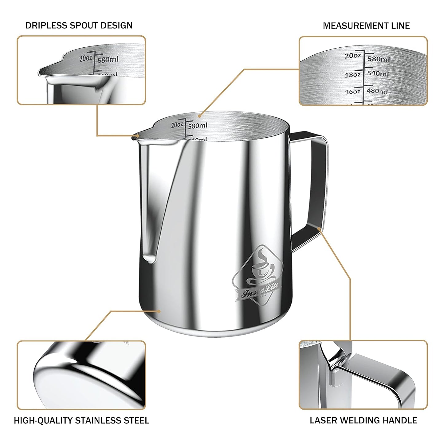 Steel Finish Frothing Jug with Easy Measure Marks