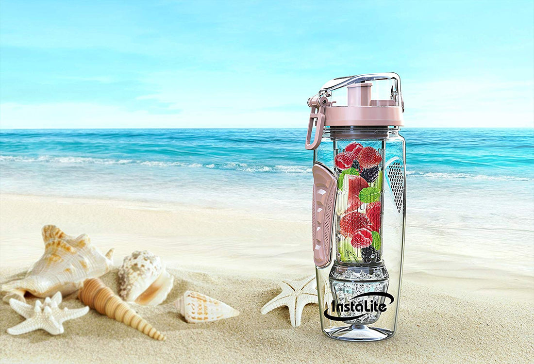 Instalite Fruit Infuser Detox Water Bottle - BPA Free Tritan Material with Hydra Gel Ball Infusion Rod & Freebies (Rose Gold)