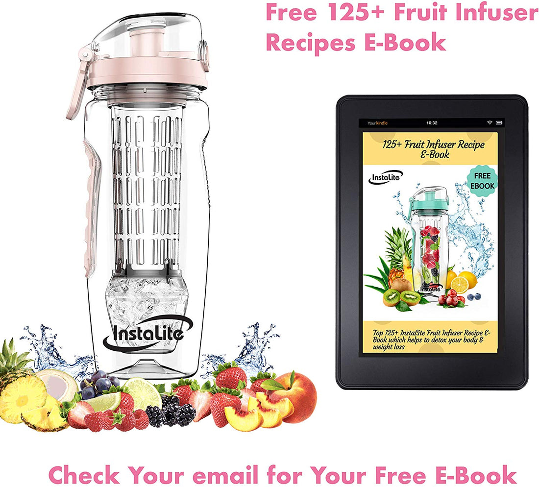 Instalite Fruit Infuser Detox Water Bottle - BPA Free Tritan Material with Hydra Gel Ball Infusion Rod & Freebies (Rose Gold)
