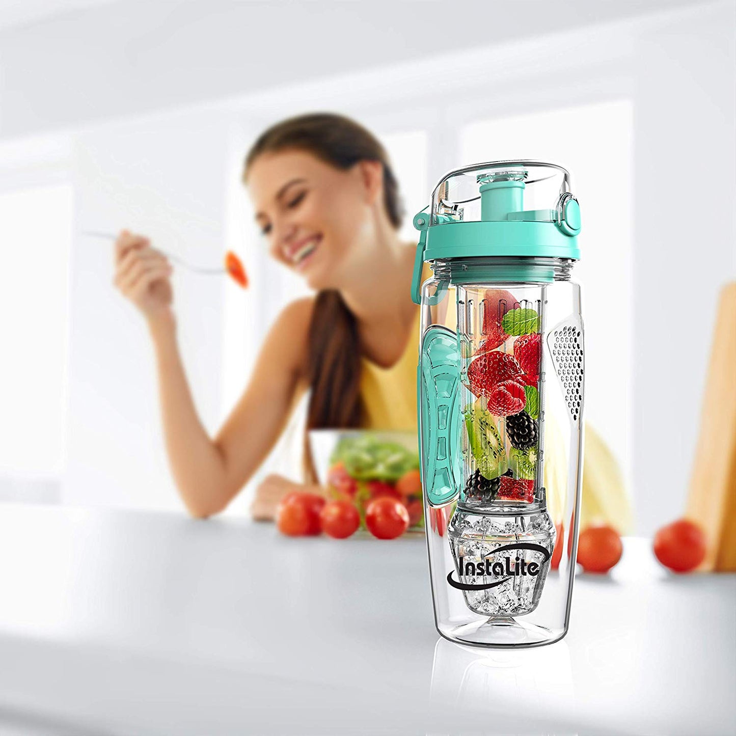 Instalite Fruit Infuser Water Bottle 1 Litre, BPA Free Tritan Material with Hydra Gel Ball Infusion Rod, Free Recipe eBook & Accessories (Mint)