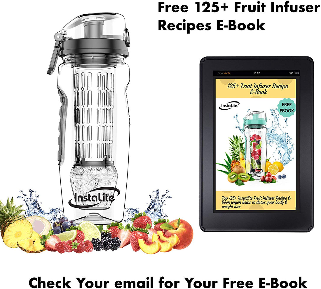 Instalite Fruit Infuser Detox Water Bottle - BPA Free Tritan Material with Hydra Gel Ball Infusion Rod & Freebies (Black)