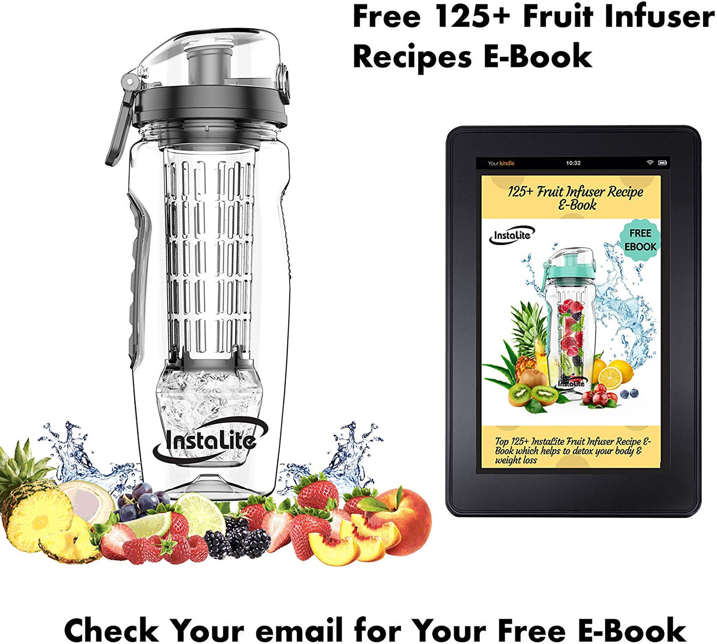 Instalite Fruit Infuser Detox Water Bottle - BPA Free Tritan Material with Hydra Gel Ball Infusion Rod & Freebies (Black)