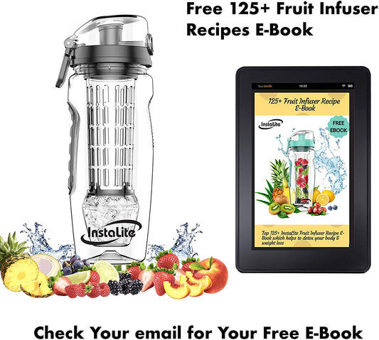 Instalite Fruit Infuser Detox Water Bottle - BPA Free Tritan Material with Hydra Gel Ball Infusion Rod & Freebies (Black)