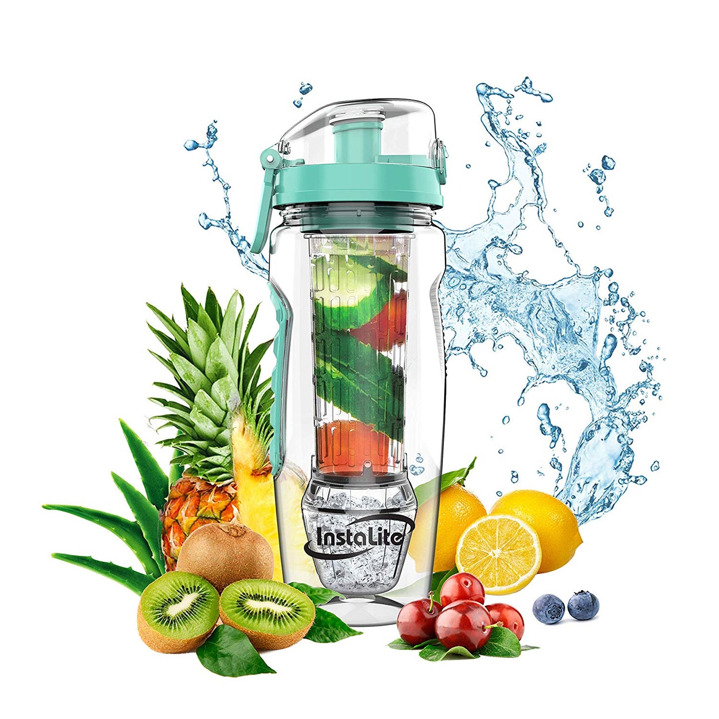 Instalite Fruit Infuser Water Bottle 1 Litre, BPA Free Tritan Material with Hydra Gel Ball Infusion Rod, Free Recipe eBook & Accessories (Mint)