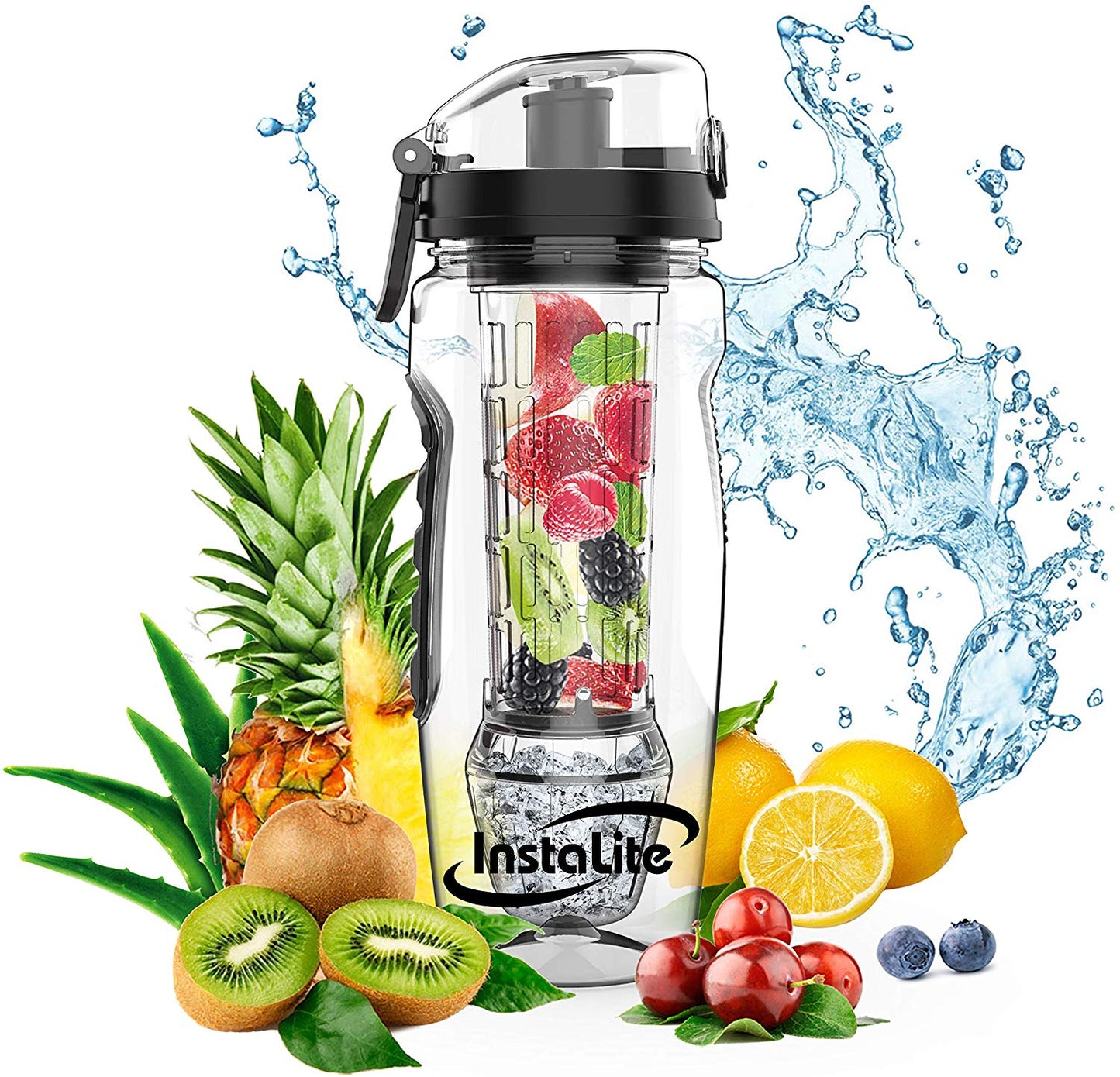 Instalite Fruit Infuser Detox Water Bottle - BPA Free Tritan Material with Hydra Gel Ball Infusion Rod & Freebies (Black)