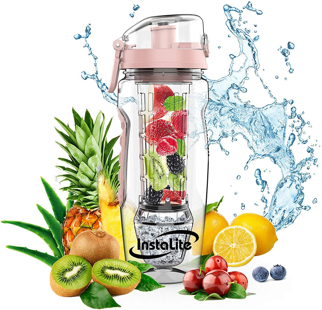 Instalite Fruit Infuser Detox Water Bottle -  BPA Free Tritan Material with Hydra Gel Ball Infusion Rod & Freebies (Rose Gold)