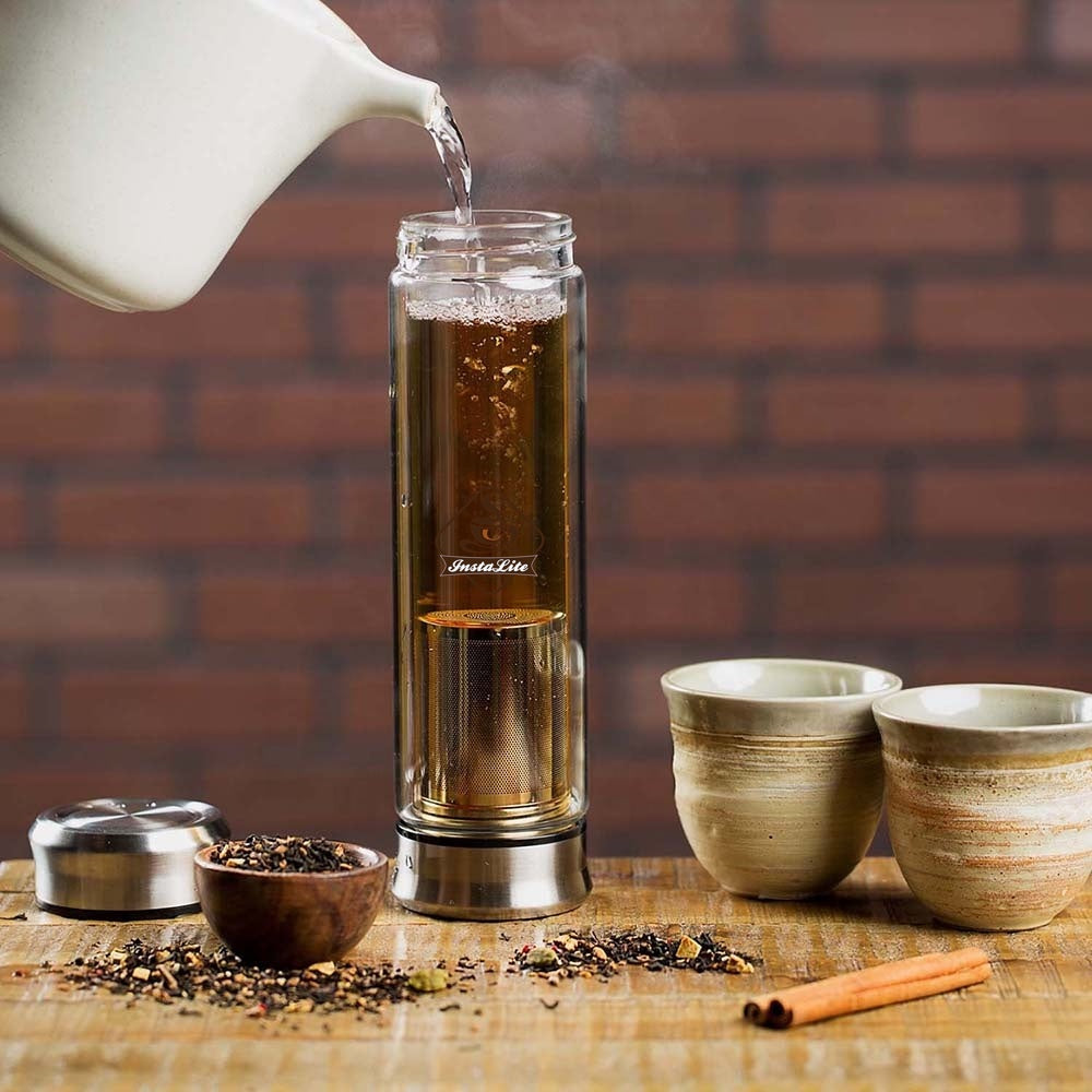 InstaLite Tea Infuser Bottle - BPA Free Double Wall Glass Detox Bottle with Stainless Steel Filter - Leakproof Tea Tumbler with Strainer for Loose Leaf Green Tea and Fruit & Detox Water