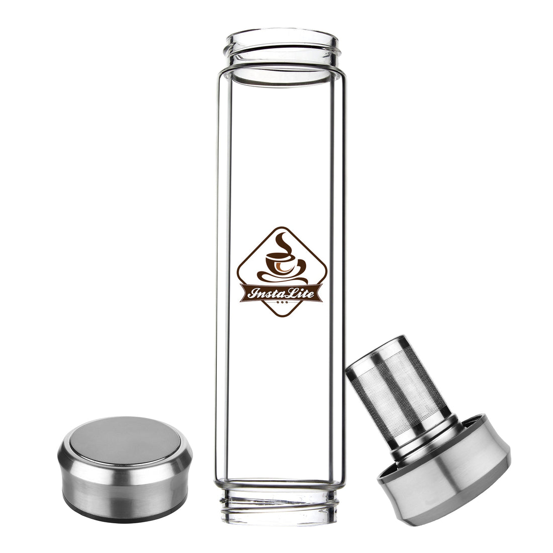InstaLite Tea Infuser Bottle - BPA Free Double Wall Glass Detox Bottle with Stainless Steel Filter - Leakproof Tea Tumbler with Strainer for Loose Leaf Green Tea and Fruit & Detox Water