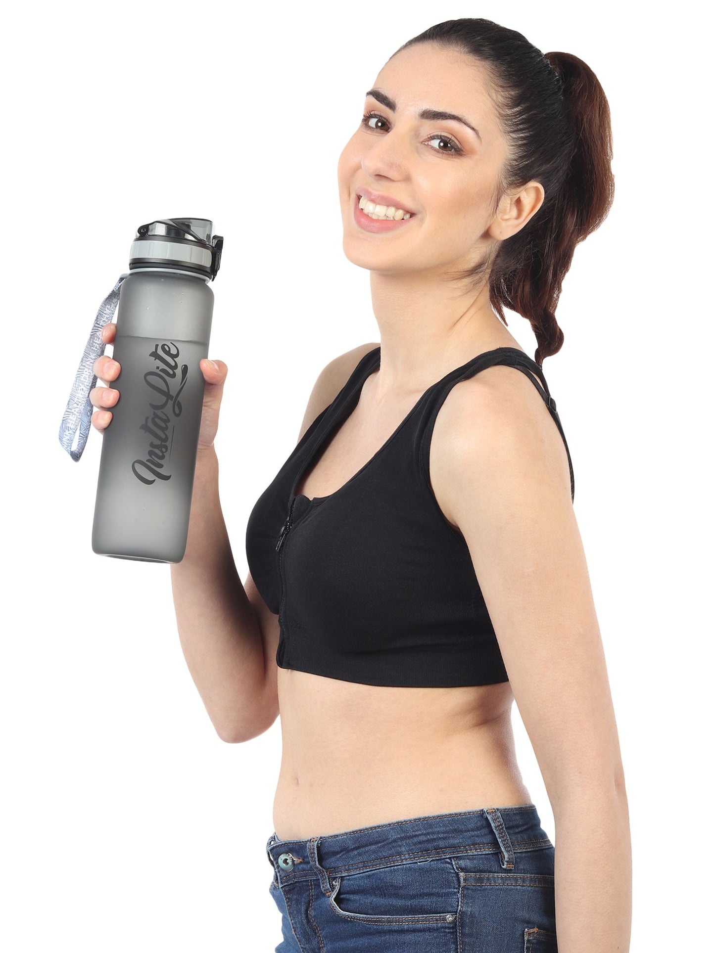 InstaLite 1 Litre BPA Free Tritan Sports/Gym Water Bottle with Time Marker, Fruit Infuser Screen & Protein Shaker Blending Ball (Stone Grey, 1000 ML)