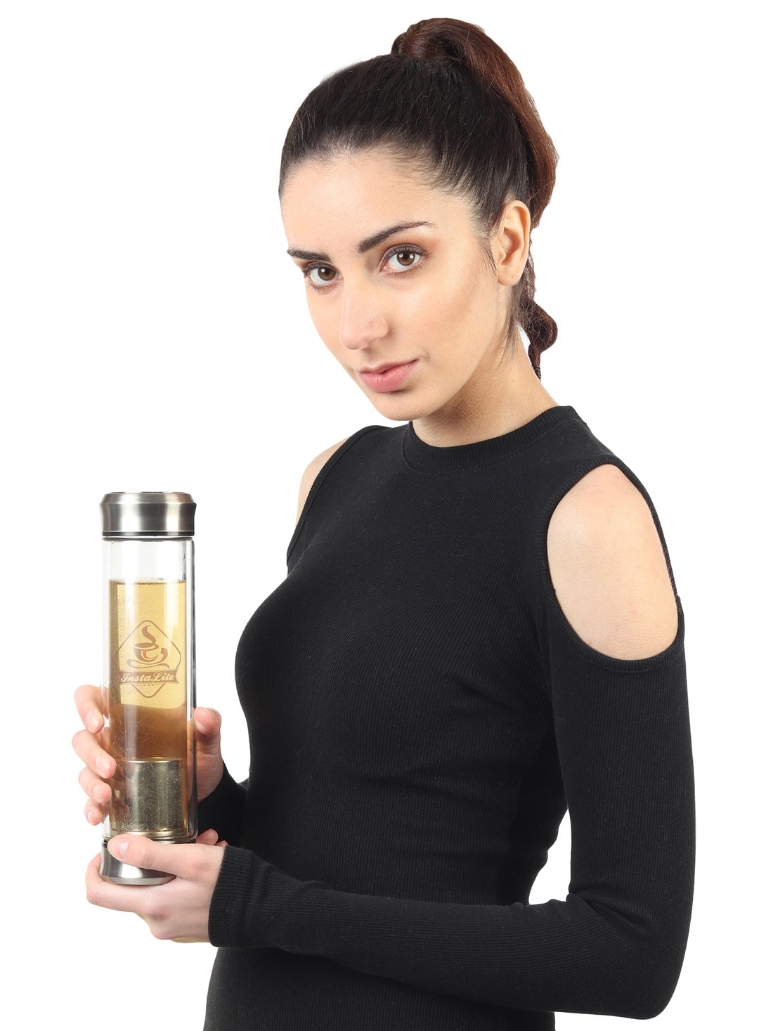 InstaLite Tea Infuser Bottle - BPA Free Double Wall Glass Detox Bottle with Stainless Steel Filter - Leakproof Tea Tumbler with Strainer for Loose Leaf Green Tea and Fruit & Detox Water
