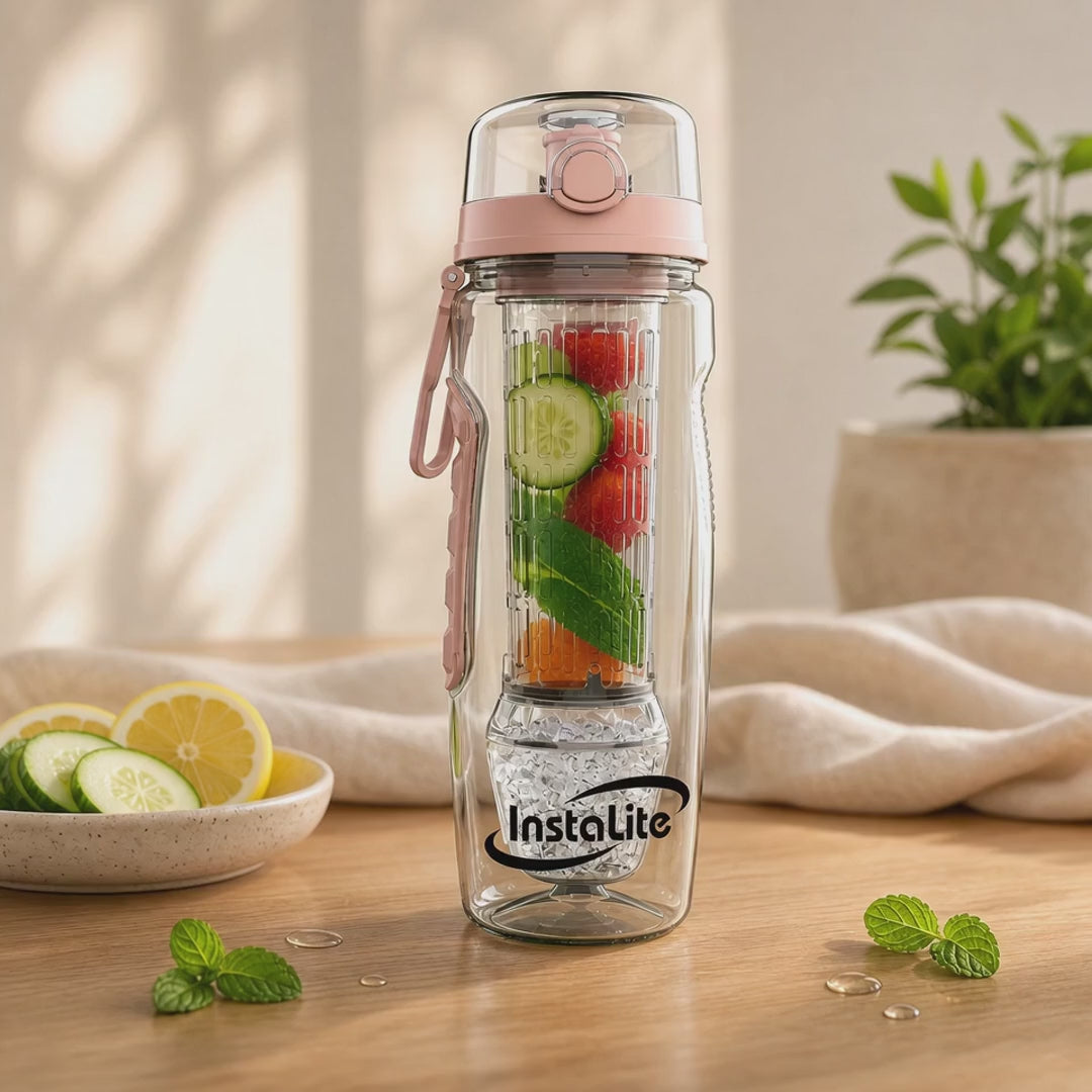 Instalite Fruit Infuser Detox Water Bottle -  BPA Free Tritan Material with Hydra Gel Ball Infusion Rod & Freebies (Rose Gold)